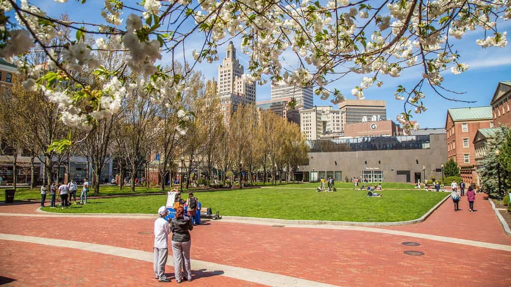 The Johnson & Wales Downcity campus quad in spring