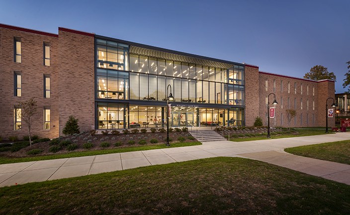 The Rhode Island College campus at dusk