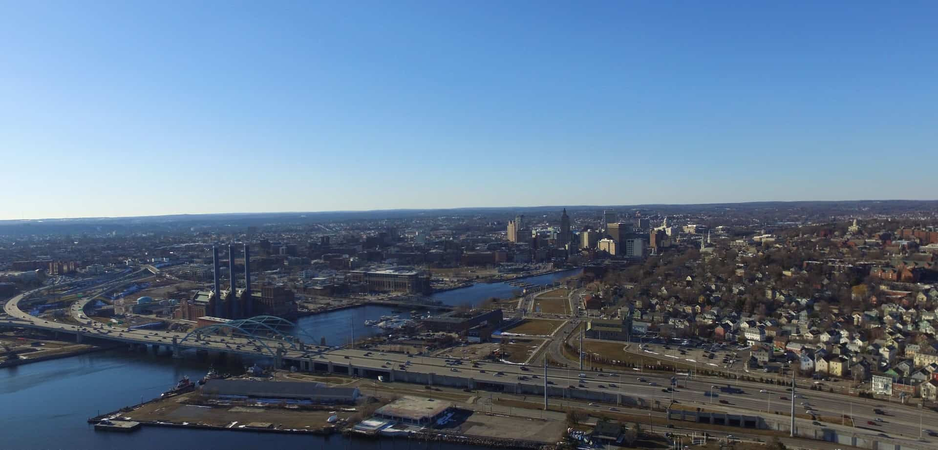 An aerial view of Providence and the river