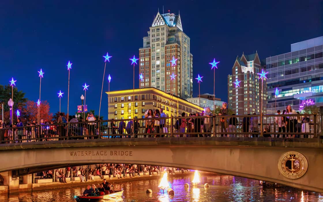 WaterFire lit on the river in downtown Providence